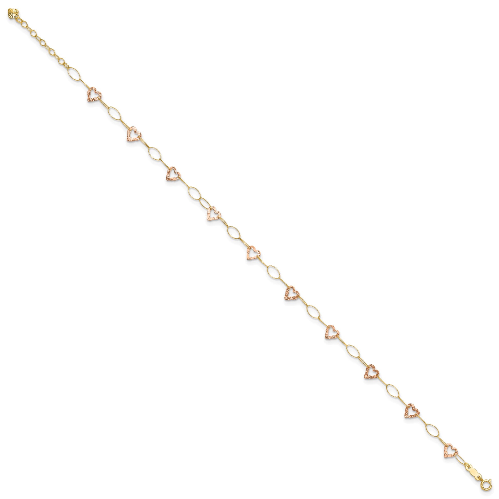 14k Two-tone Hammered Open Hearts and Oval Link 9 inch Plus 1 inch Extender - Total 10 inch Anklet