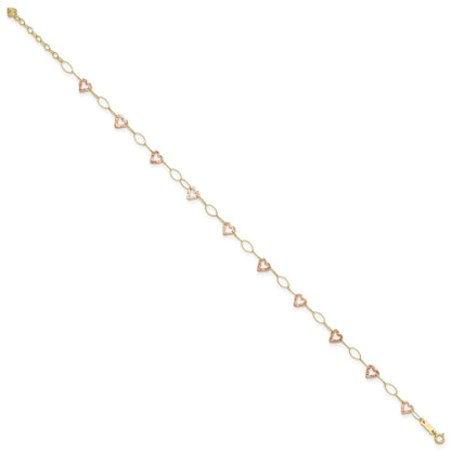 14k Two-tone Hammered Open Hearts and Oval Link 9 inch Plus 1 inch Extender - Total 10 inch Anklet