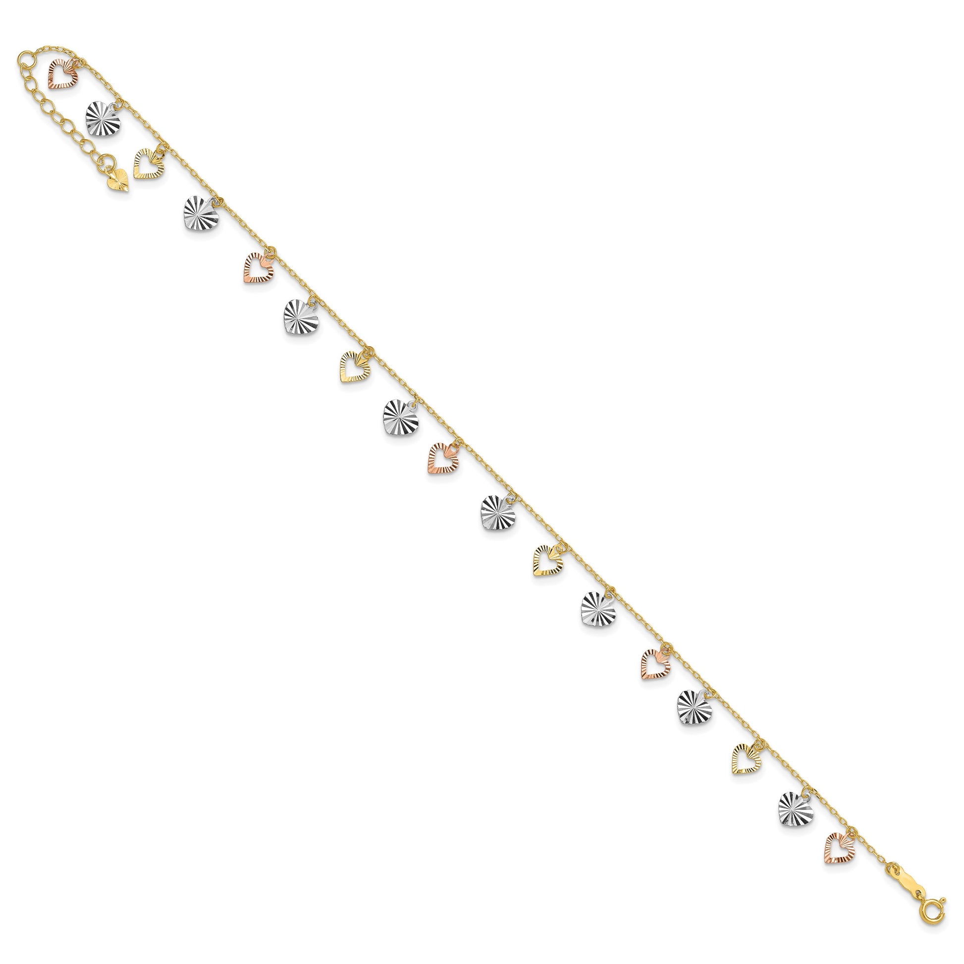 14K Tri-Color Dangle Hearts 9 inch Plus 1 inch Extender - Total 10 inch Anklet