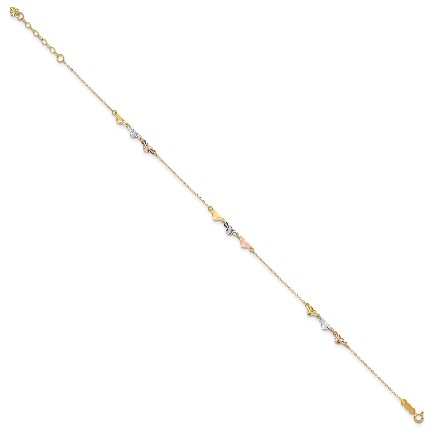 14K Tri-Color Diamond-cut Hearts 9 inch Plus 1 inch Extender - Total 10 inch Anklet