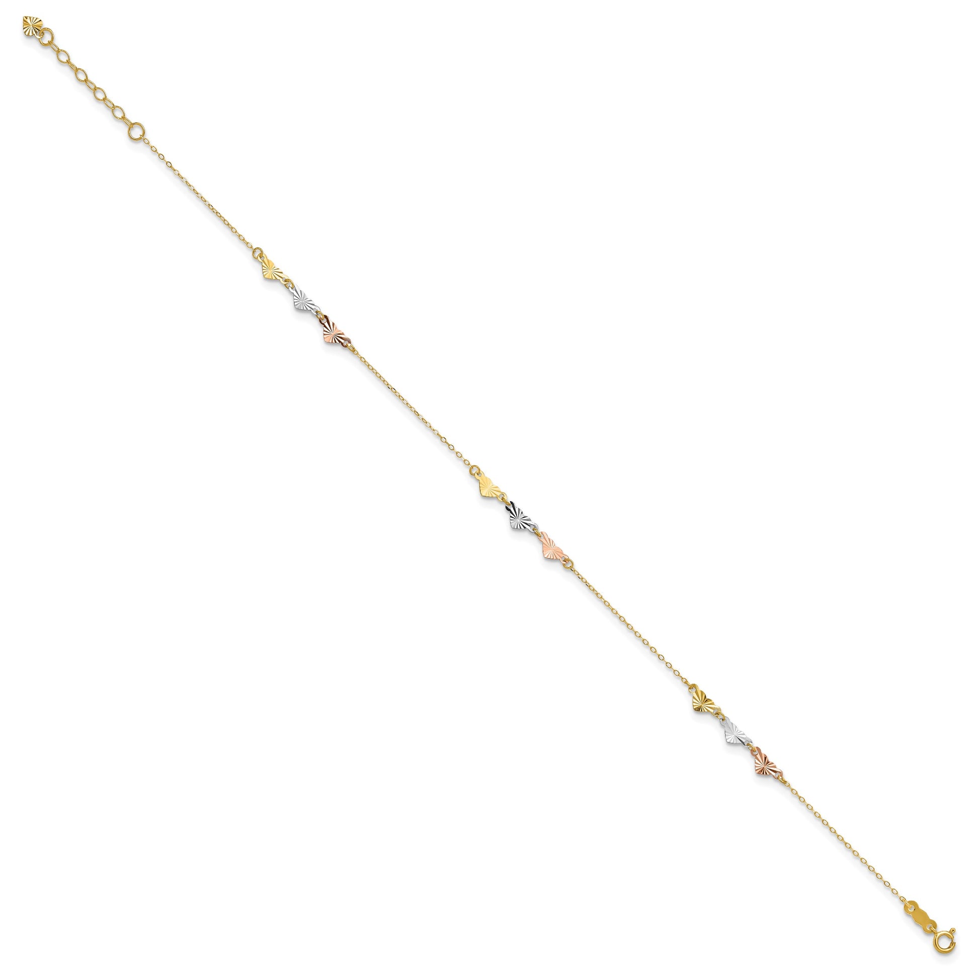 14K Tri-Color Diamond-cut Hearts 9 inch Plus 1 inch Extender - Total 10 inch Anklet