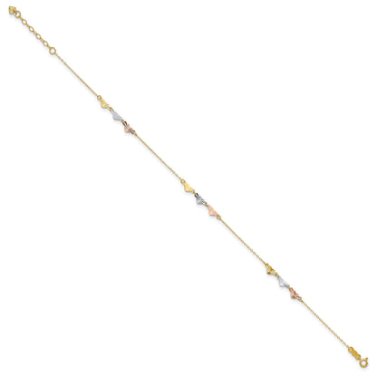 14K Tri-Color Diamond-cut Hearts 9 inch Plus 1 inch Extender - Total 10 inch Anklet