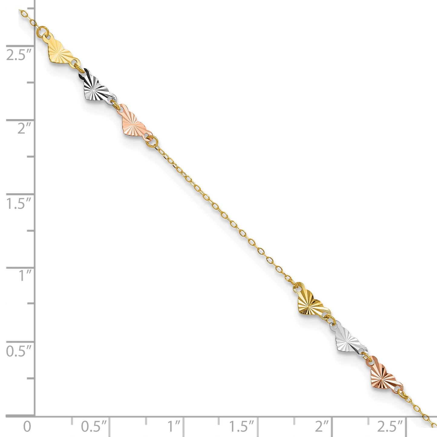 14K Tri-Color Diamond-cut Hearts 9 inch Plus 1 inch Extender - Total 10 inch Anklet