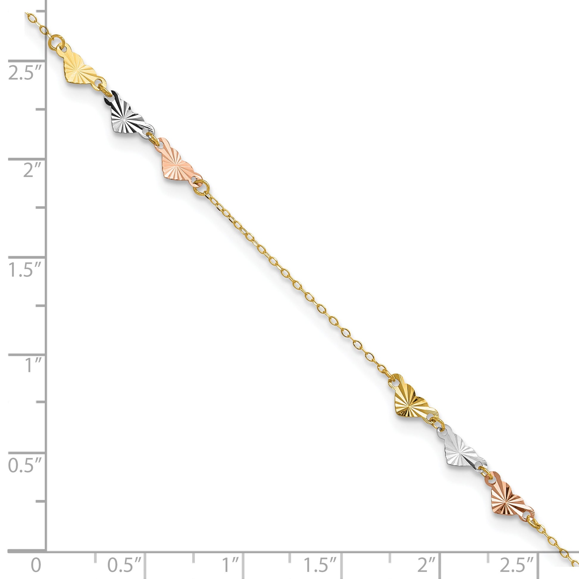 14K Tri-Color Diamond-cut Hearts 9 inch Plus 1 inch Extender - Total 10 inch Anklet