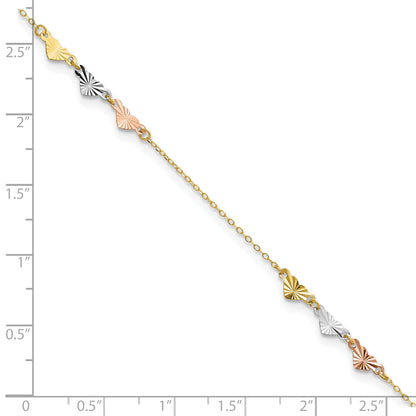 14K Tri-Color Diamond-cut Hearts 9 inch Plus 1 inch Extender - Total 10 inch Anklet
