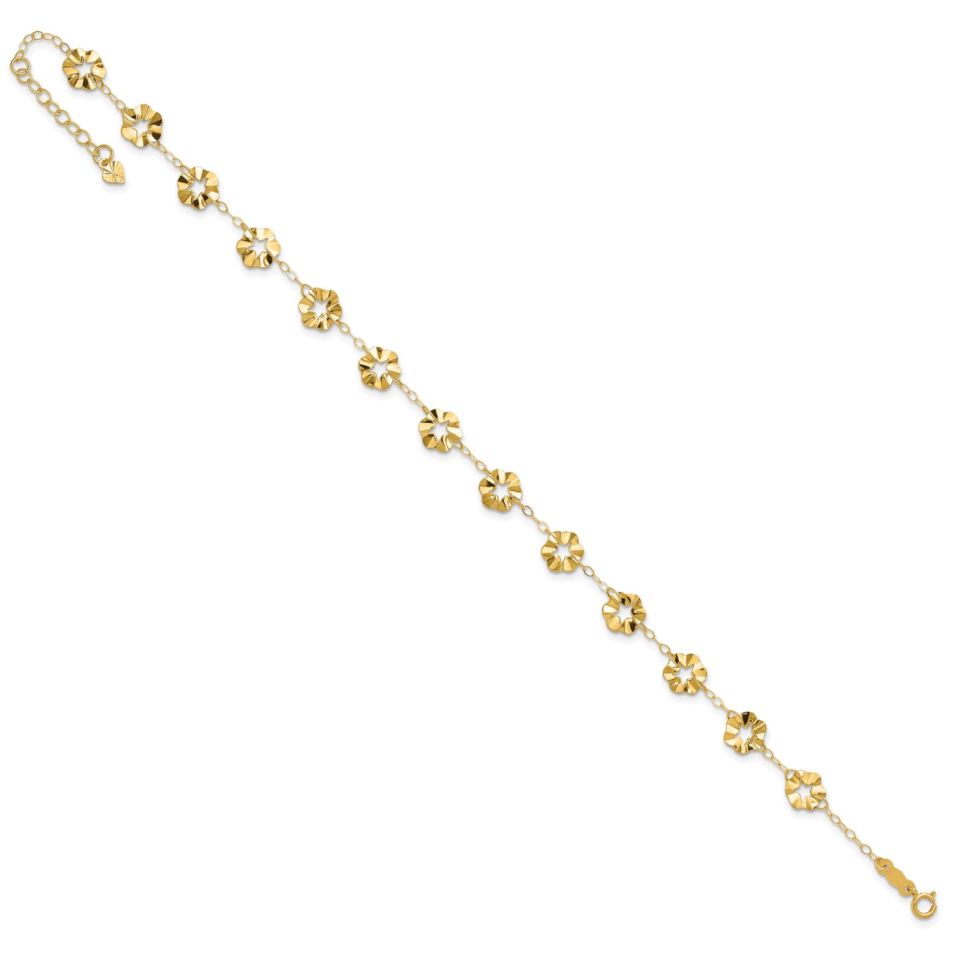 14k Ruffle Star Flowers 9 inch Plus 1 inch Extender - Total 10 inch Anklet