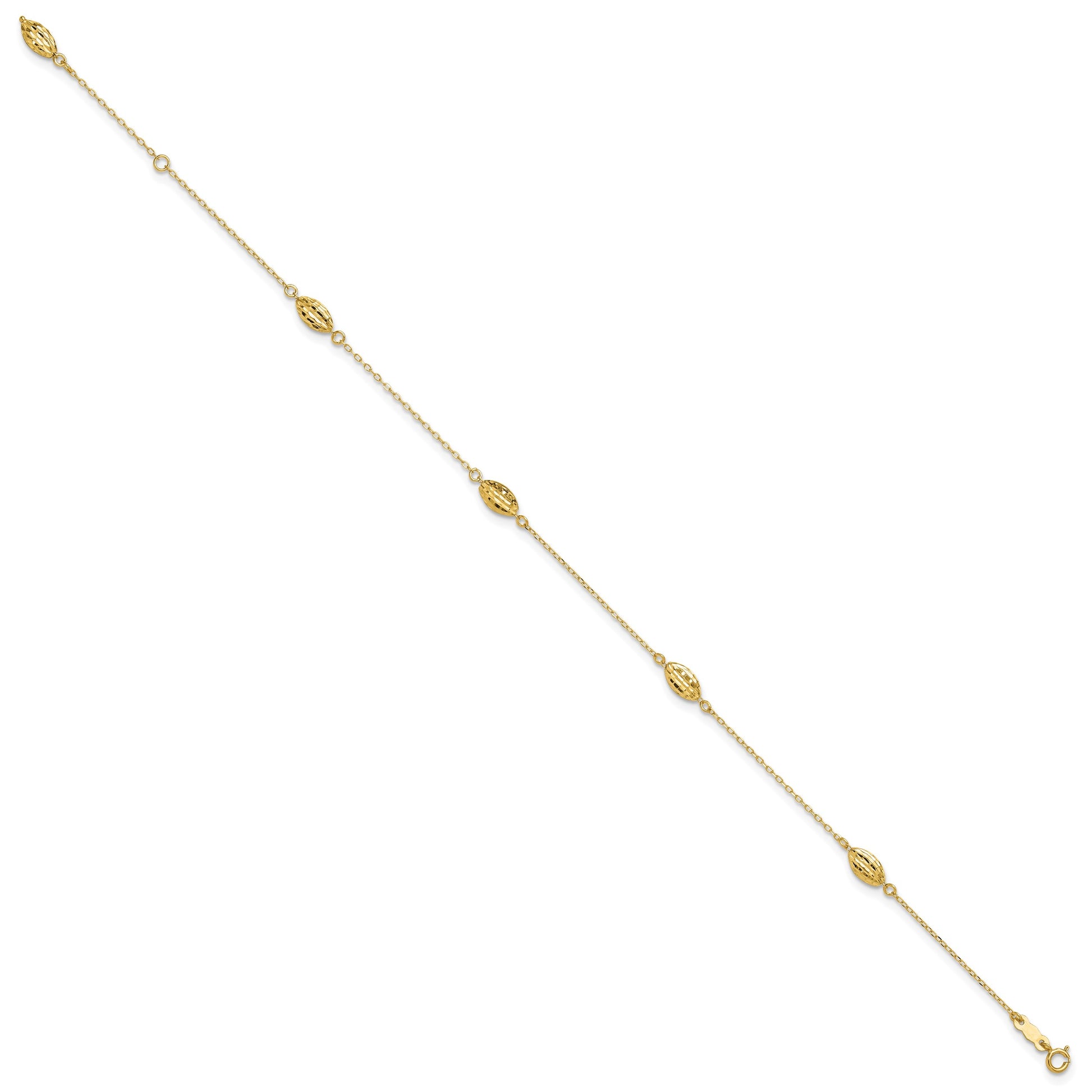 14k Diamond-cut Rice Puff Beads 4-Station 9 inch Plus 1 inch Extender - Total 10 inch Anklet