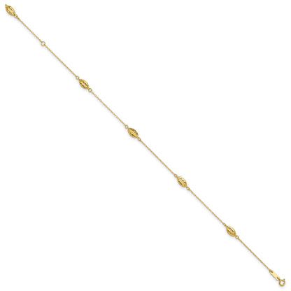 14k Diamond-cut Rice Puff Beads 4-Station 9 inch Plus 1 inch Extender - Total 10 inch Anklet