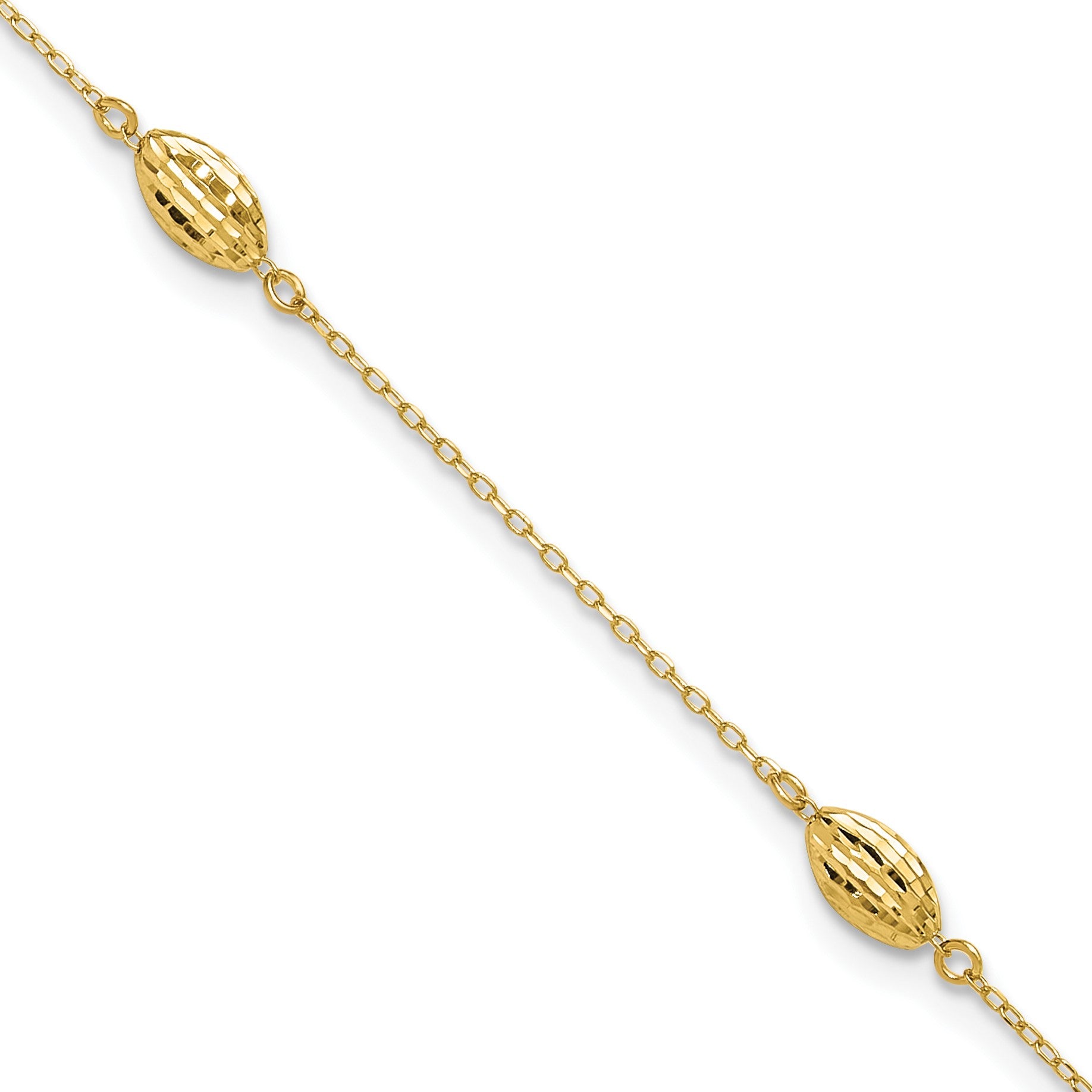 14k Diamond-cut Rice Puff Beads 4-Station 10 inch Plus 1 inch Extender - Total 11 inch Anklet