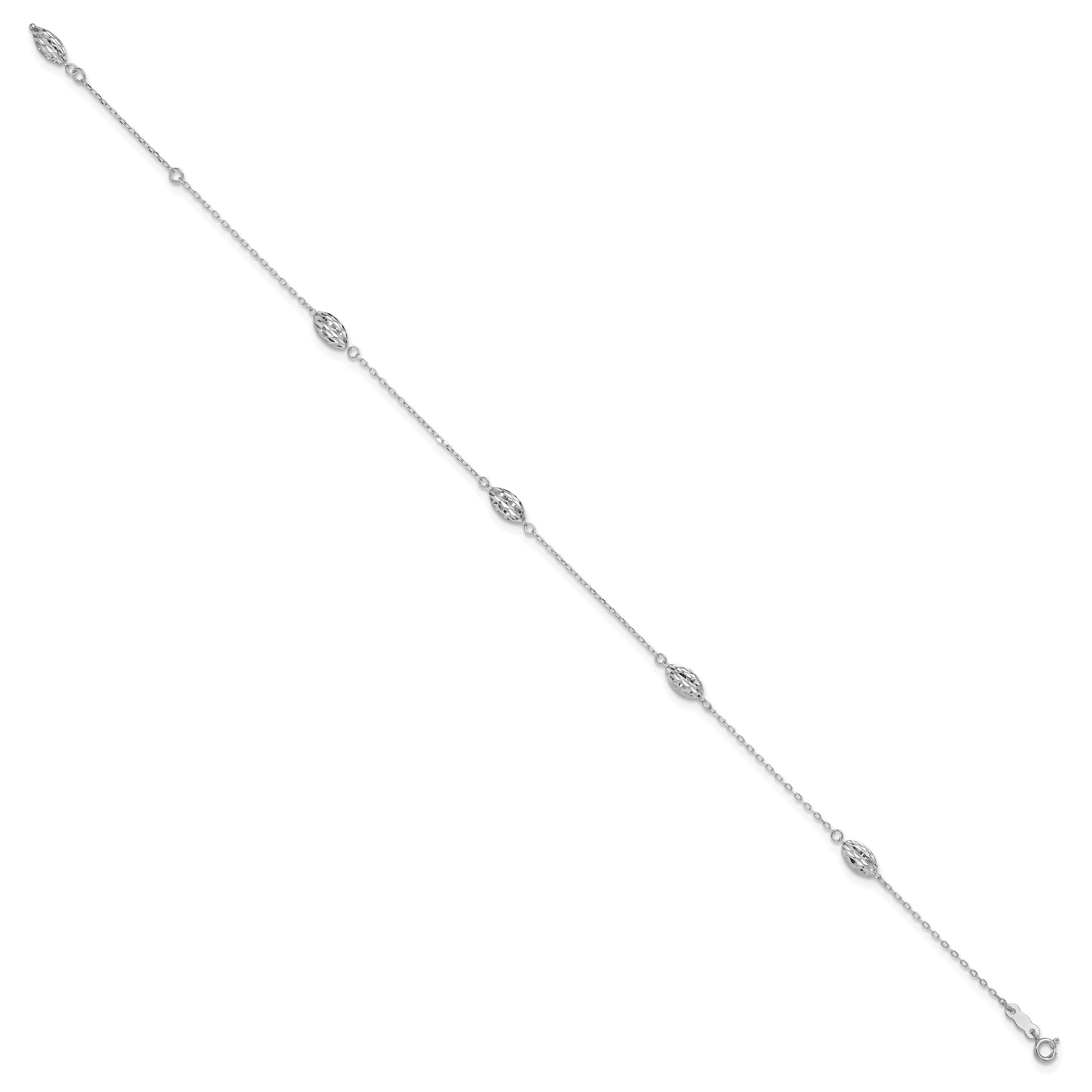 14k White Gold Diamond-cut Rice Puff Beads 4-Station 10 inch Plus 1 inch Extender - Total 11 inch Anklet