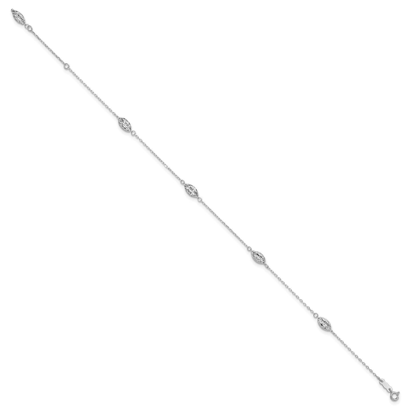 14k White Gold Diamond-cut Rice Puff Beads 4-Station 9 inch Plus 1 inch Extender - Total 10 inch Anklet