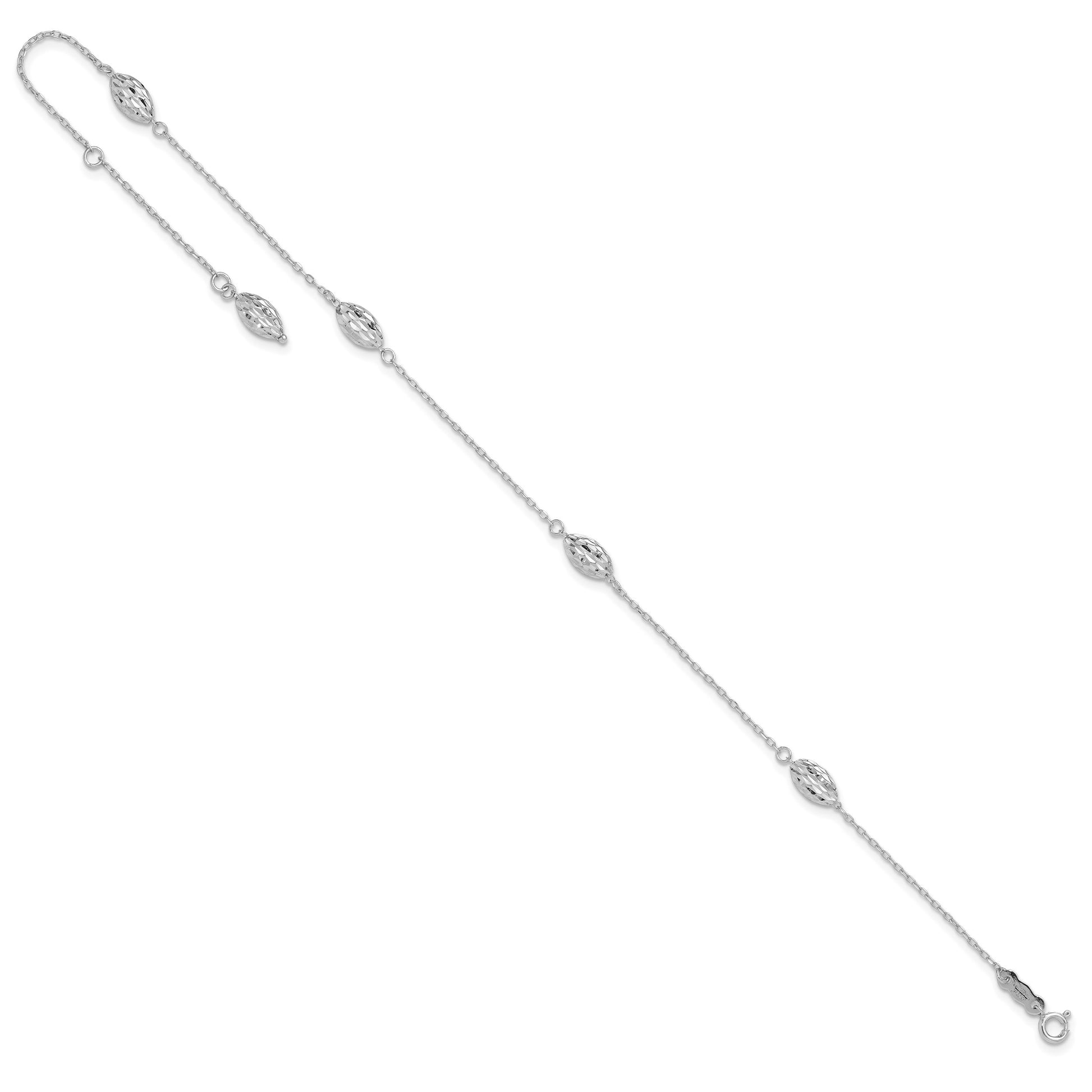 14k White Gold Diamond-cut Rice Puff Beads 4-Station 9 inch Plus 1 inch Extender - Total 10 inch Anklet