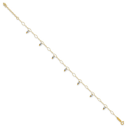 14K Two-Tone Mirror Bead Dangles 9 inch Plus 1 inch Extender - Total 10 inch Anklet