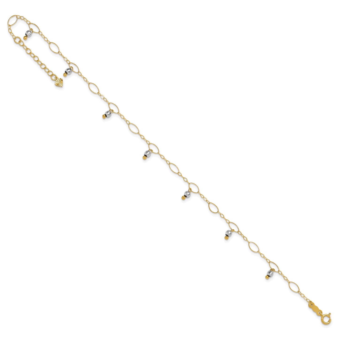 14K Two-Tone Mirror Bead Dangles 9 inch Plus 1 inch Extender - Total 10 inch Anklet