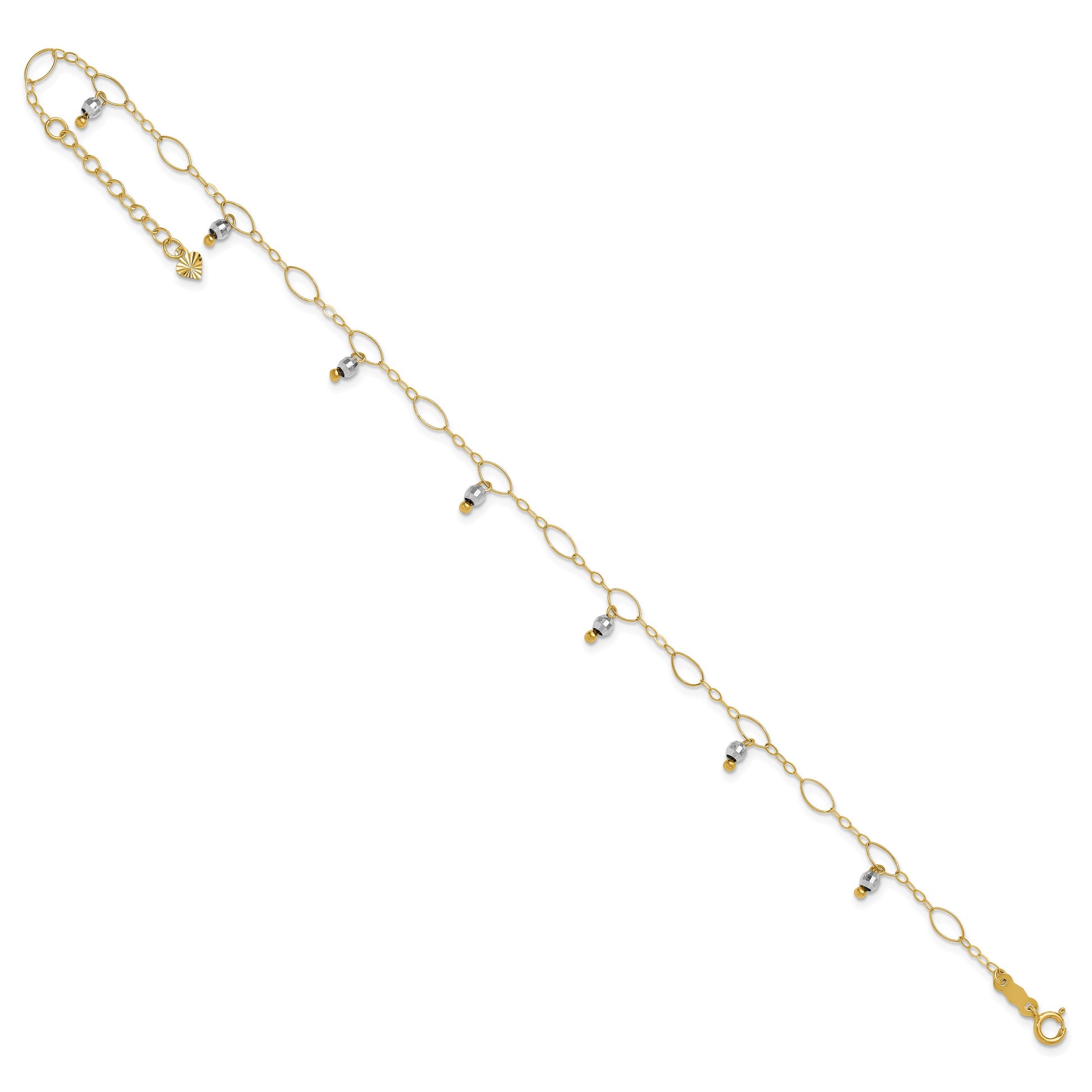 14K Two-Tone Mirror Bead Dangles 9 inch Plus 1 inch Extender - Total 10 inch Anklet