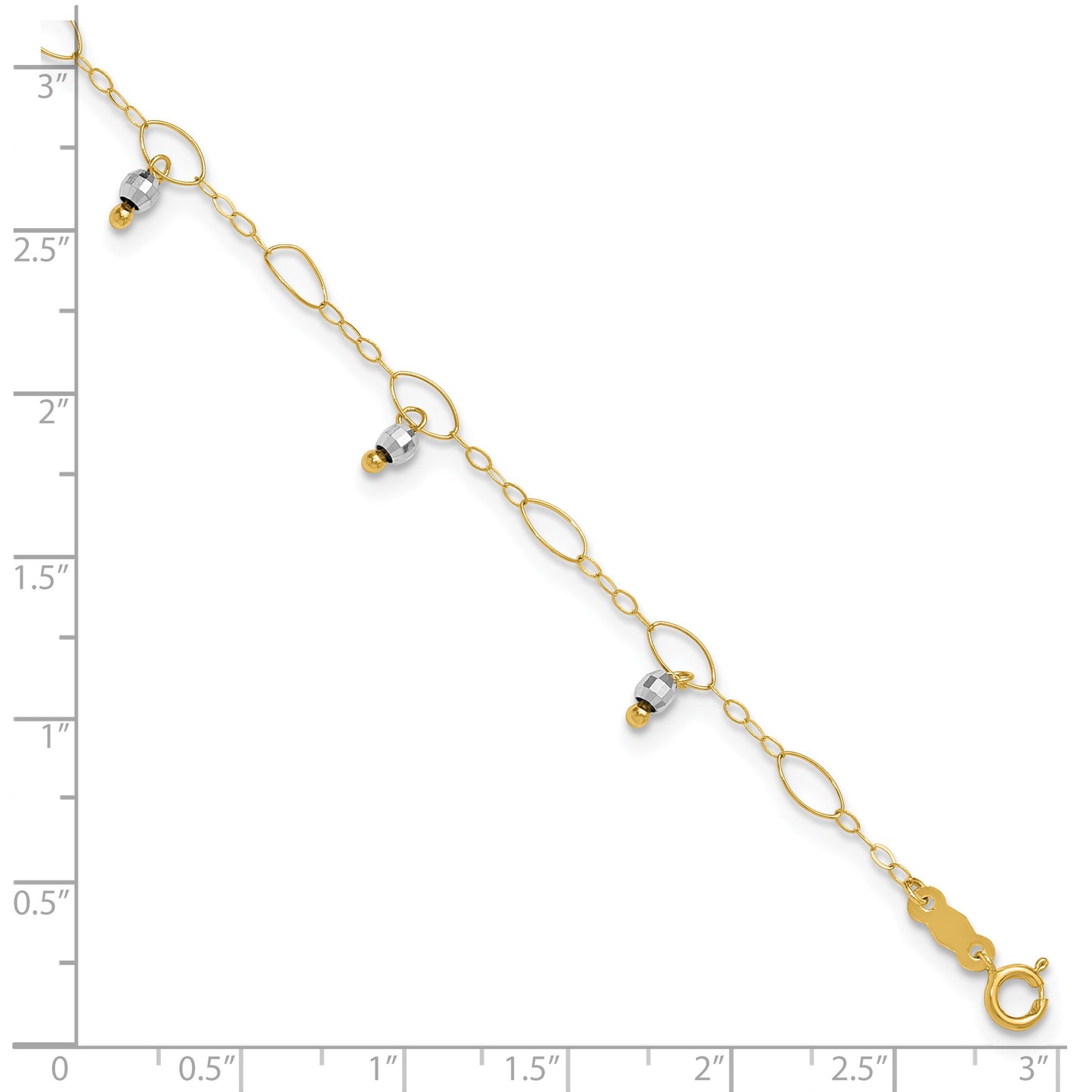 14K Two-Tone Mirror Bead Dangles 9 inch Plus 1 inch Extender - Total 10 inch Anklet