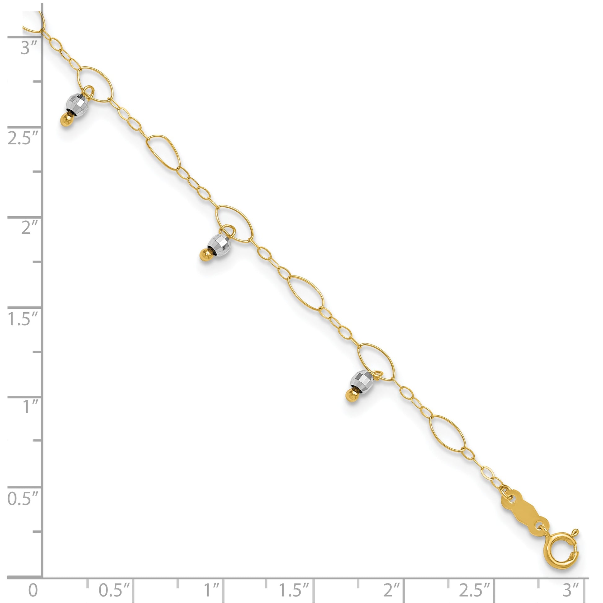 14K Two-Tone Mirror Bead Dangles 9 inch Plus 1 inch Extender - Total 10 inch Anklet