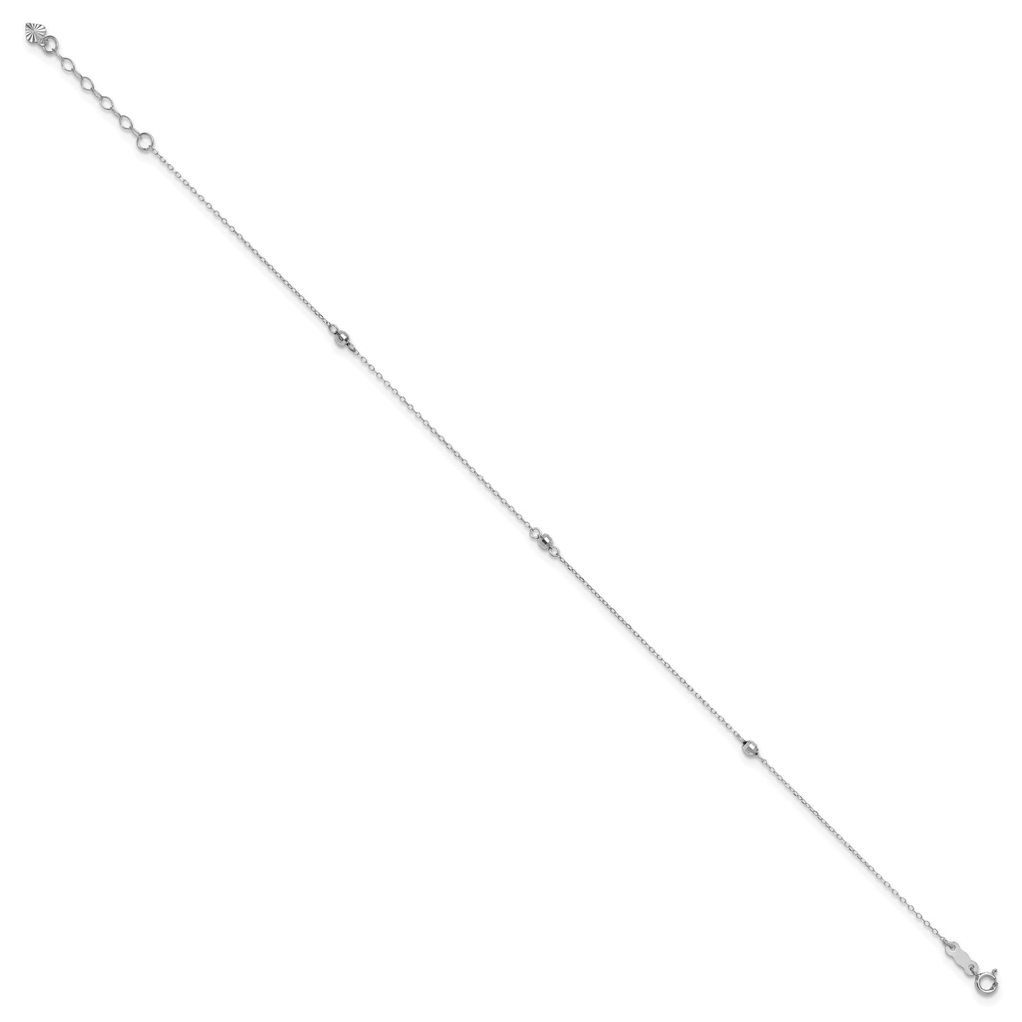 14K White Gold Mirror Beads 3-Station 9 inch Plus 1 inch Extender - Total 10 inch Anklet