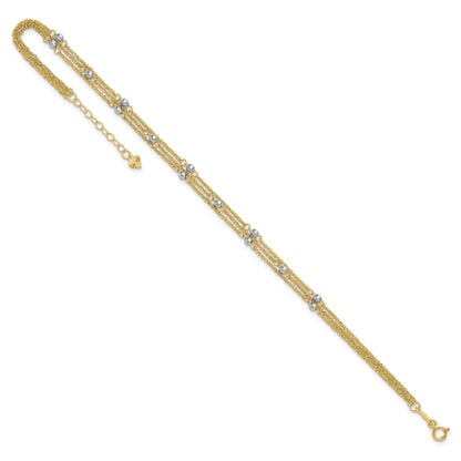 14k Two-tone 3-Strand Chain with Mirror Beads 9 inch Plus 1 inch Extender - Total 10 inch Anklet