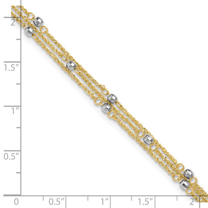 14k Two-tone 3-Strand Chain with Mirror Beads 9 inch Plus 1 inch Extender - Total 10 inch Anklet
