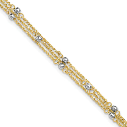 14k Two-tone 3-Strand Chain with Mirror Beads 10 inch Plus 1 inch Extender - Total 11 inch Anklet