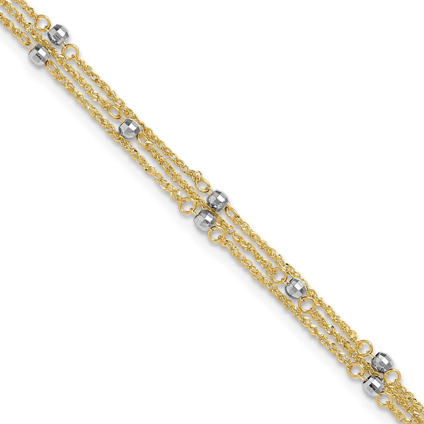 14k Two-tone 3-Strand Chain with Mirror Beads 9 inch Plus 1 inch Extender - Total 10 inch Anklet