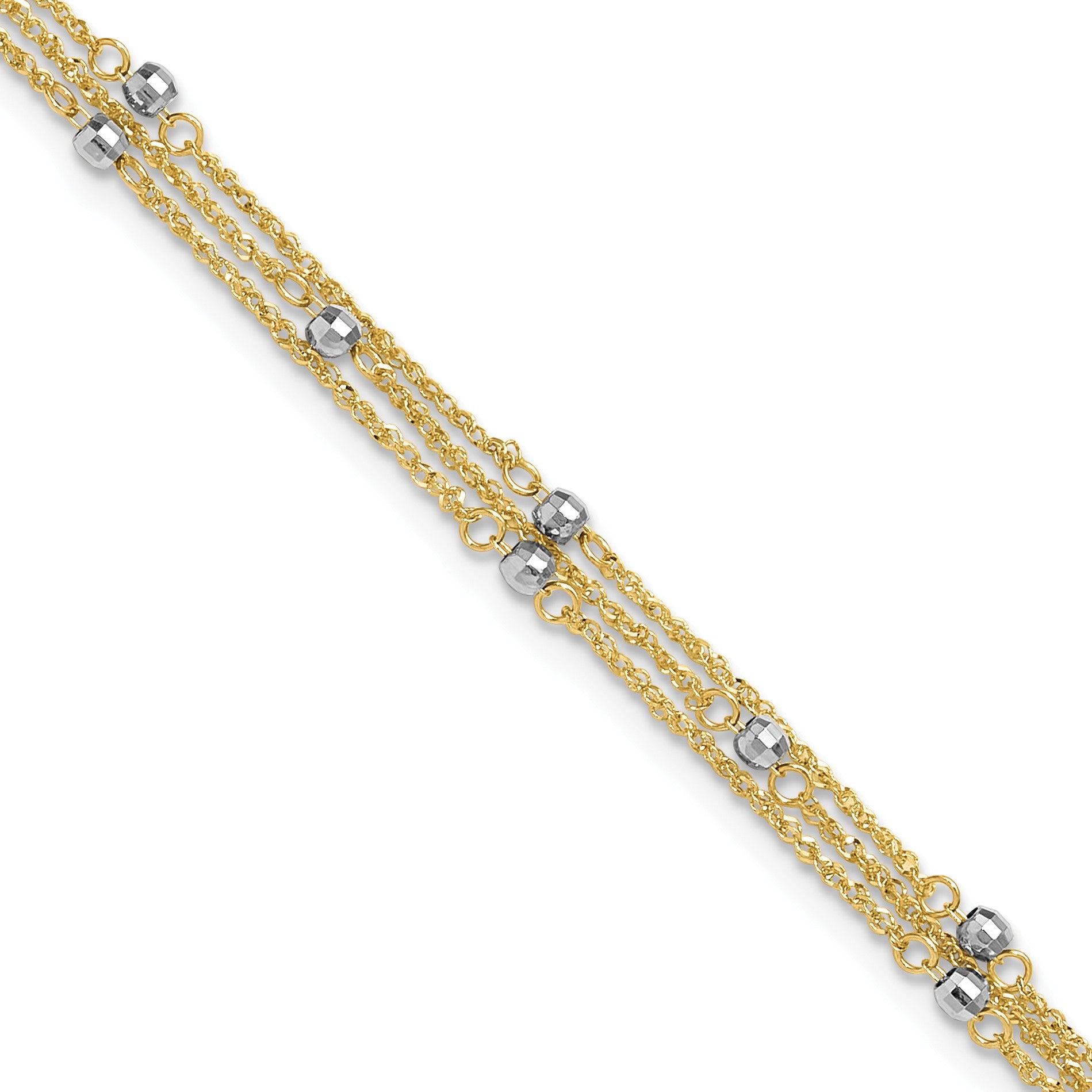 14k Two-tone 3-Strand Chain with Mirror Beads 9 inch Plus 1 inch Extender - Total 10 inch Anklet