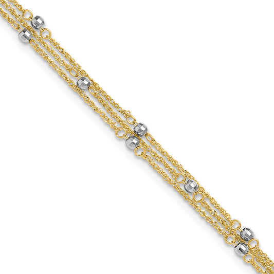 14k Two-tone 3-Strand Chain with Mirror Beads 9 inch Plus 1 inch Extender - Total 10 inch Anklet