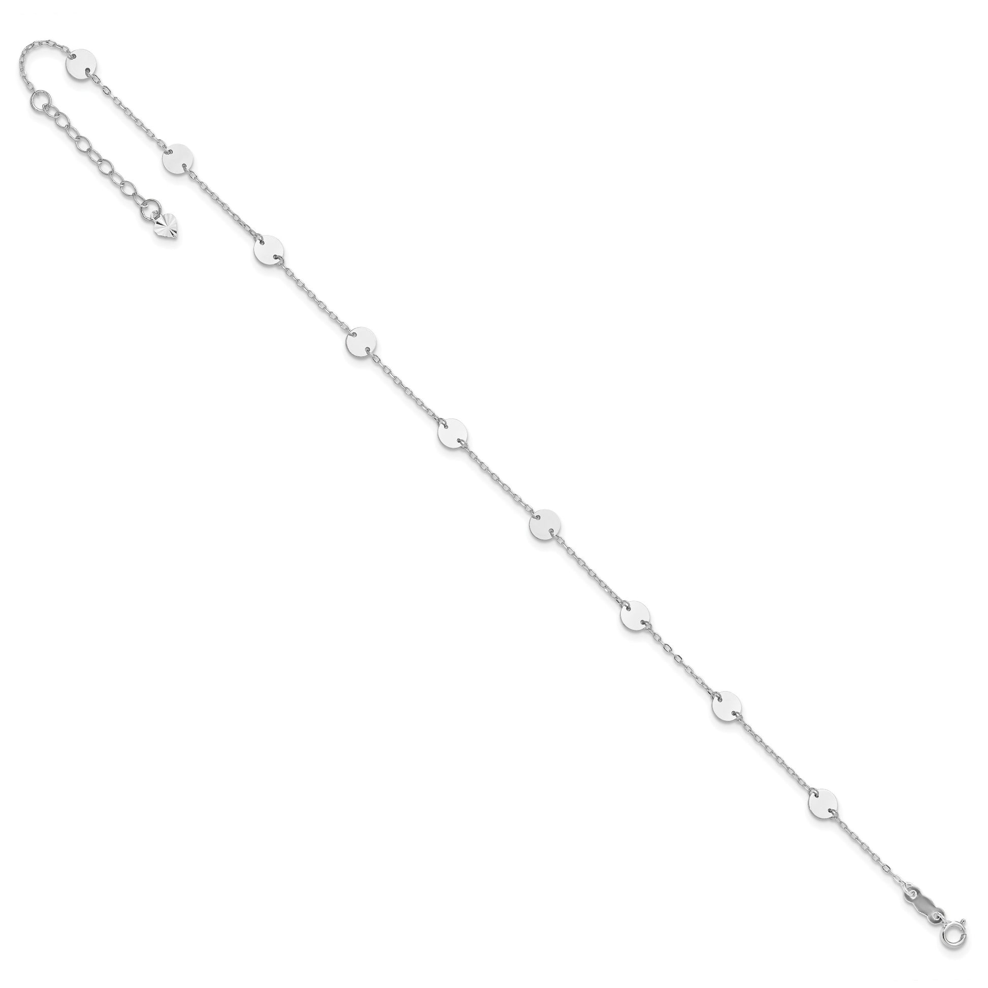 14K White Gold Polished Disc 9-Station 9 inch Plus 1 inch Extender - Total 10 inch Anklet