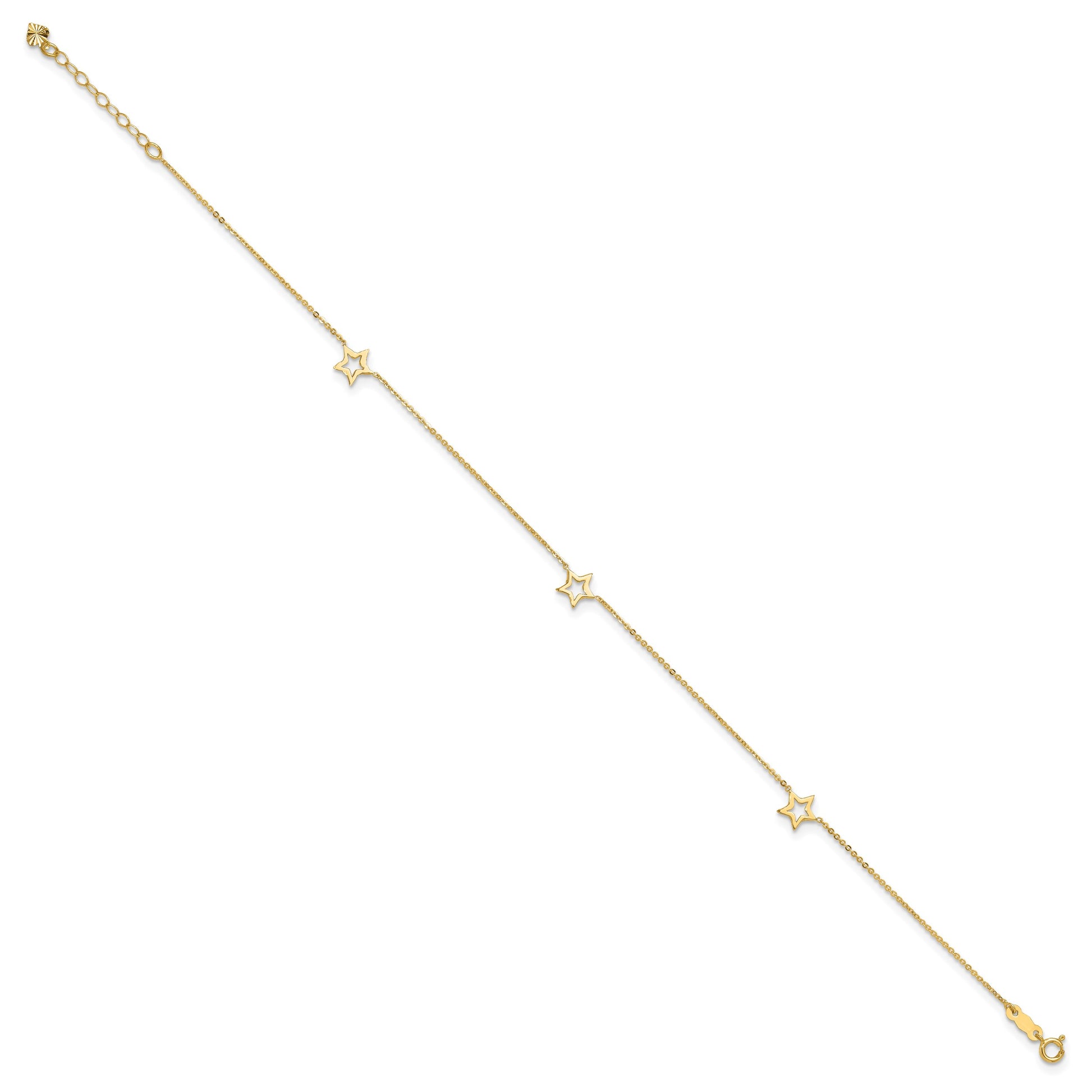 14K Open Star 3-Station 9 inch Plus 1 inch Extender - Total 10 inch Anklet
