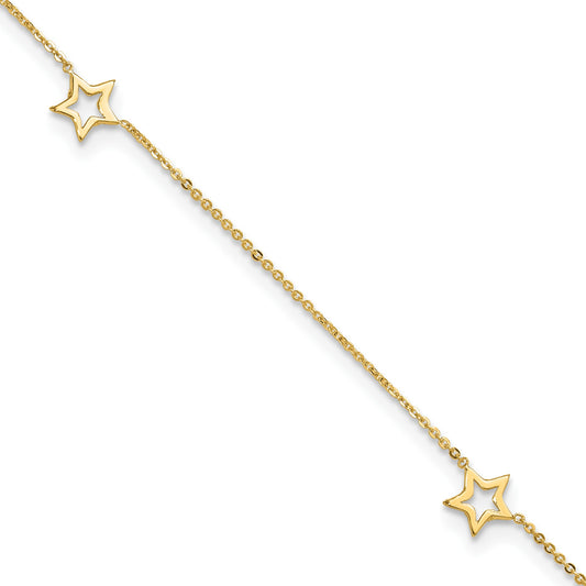 14K Open Star 3-Station 9 inch Plus 1 inch Extender - Total 10 inch Anklet