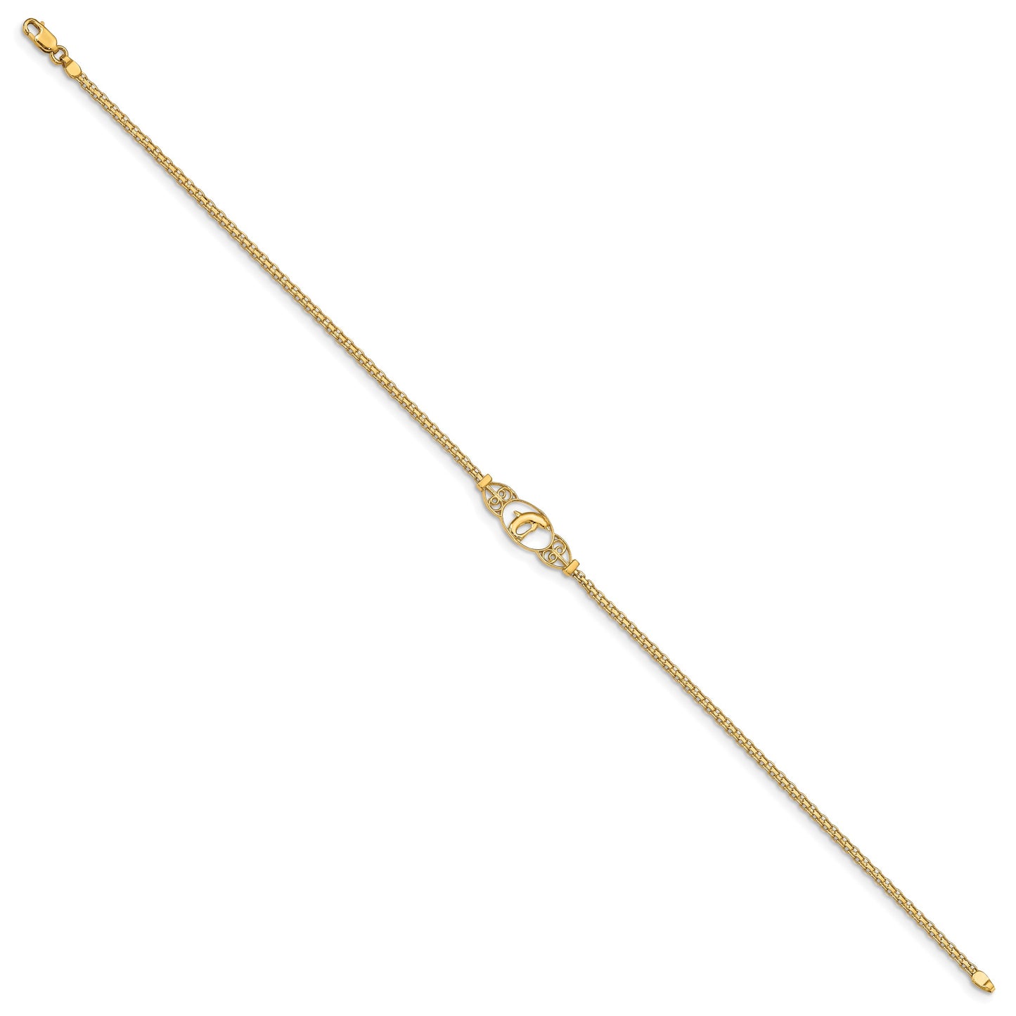 14k Polished Dolphin and Filigree Bismark Chain 9 inch Anklet