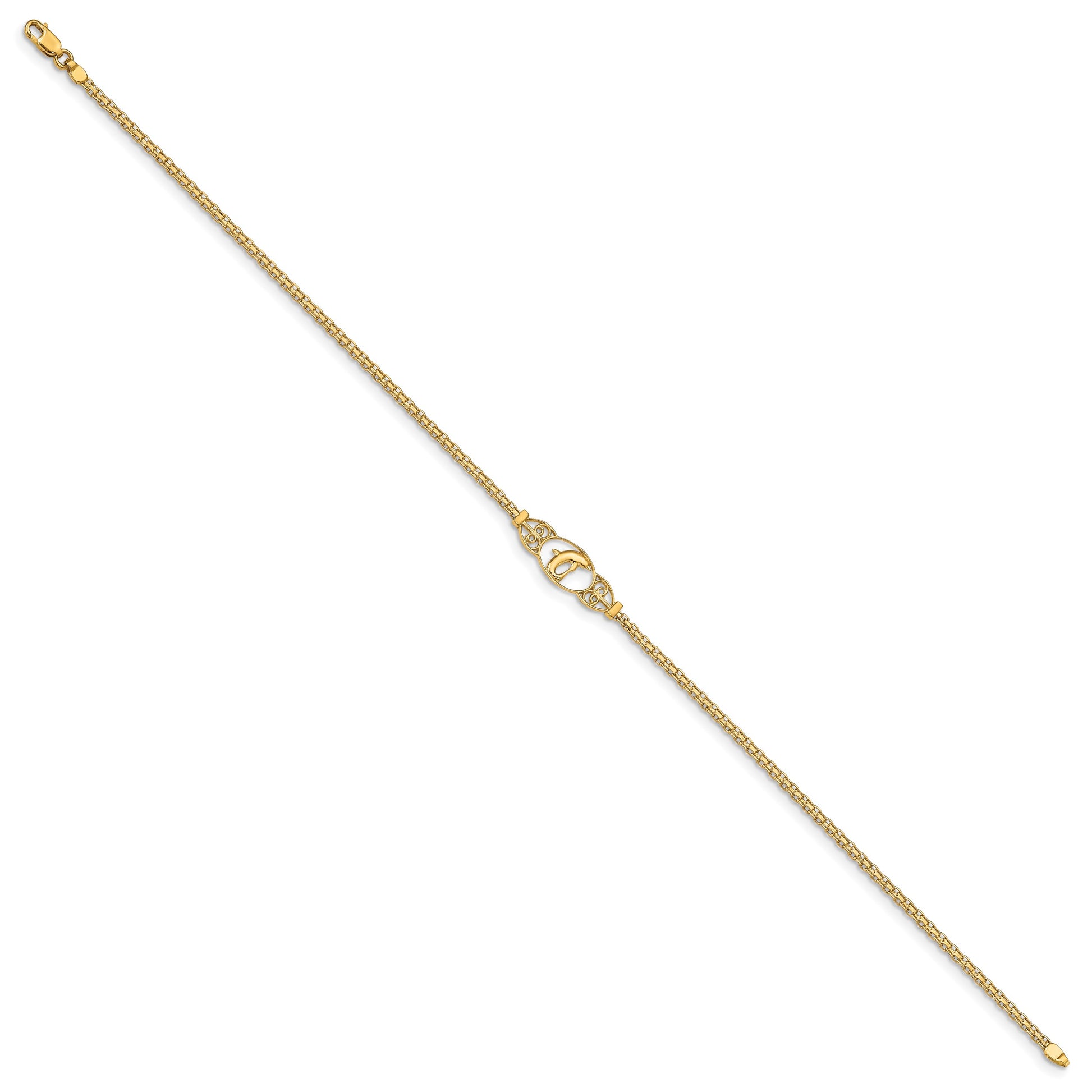 14k Polished Dolphin and Filigree Bismark Chain 9 inch Anklet