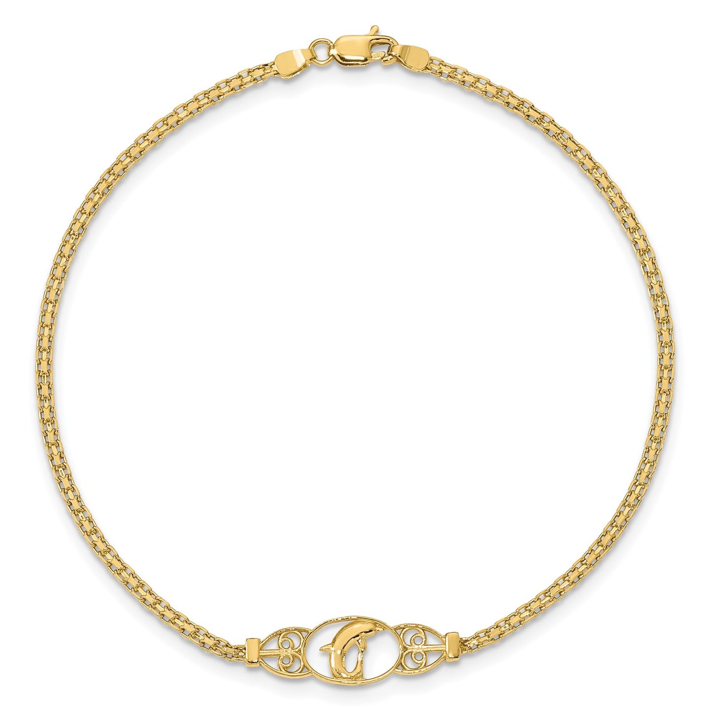 14k Polished Dolphin and Filigree Bismark Chain 9 inch Anklet