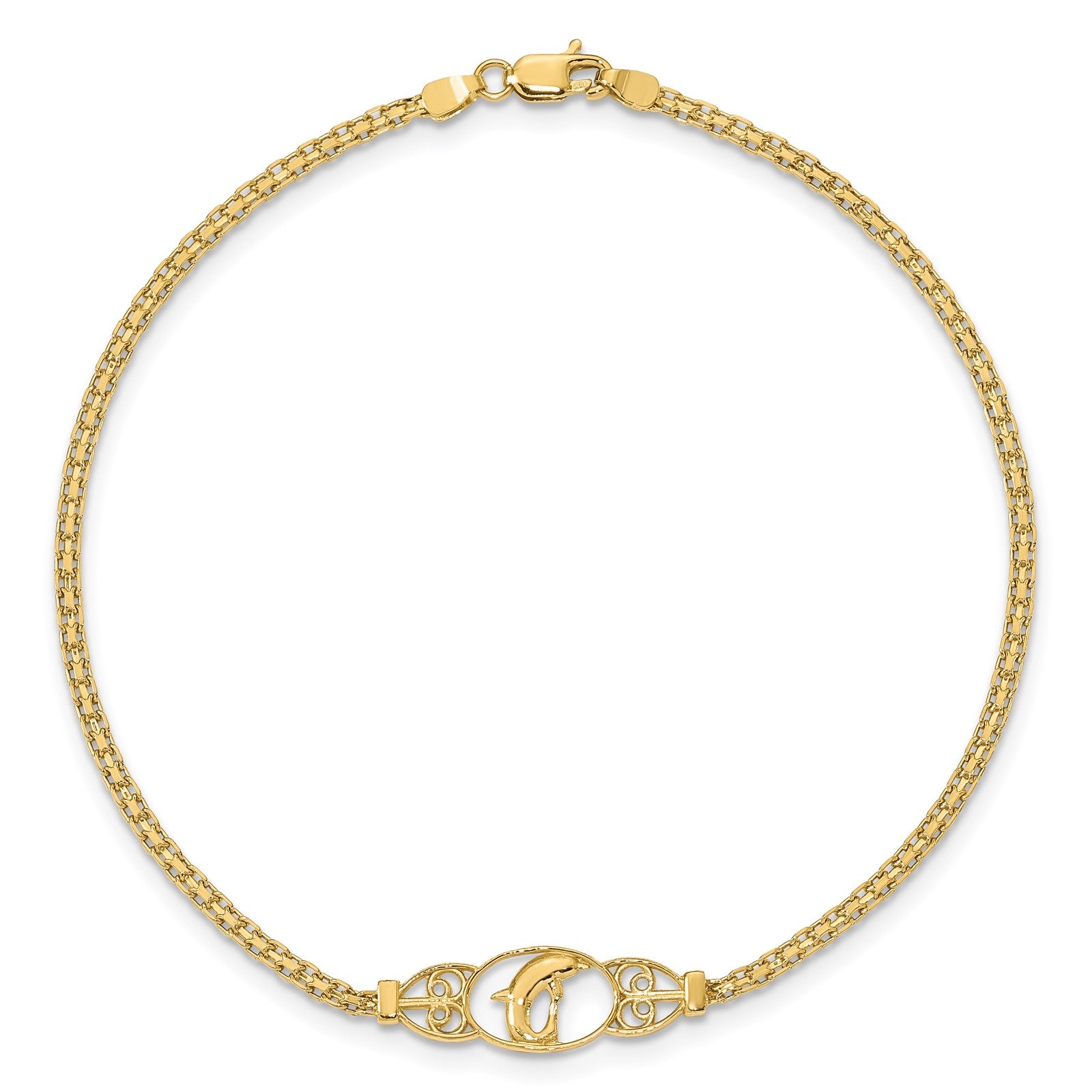14k Polished Dolphin and Filigree Bismark Chain 9 inch Anklet