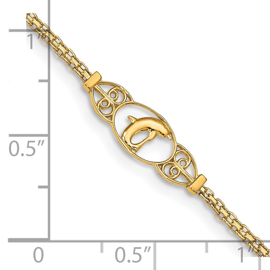 14k Polished Dolphin and Filigree Bismark Chain 9 inch Anklet