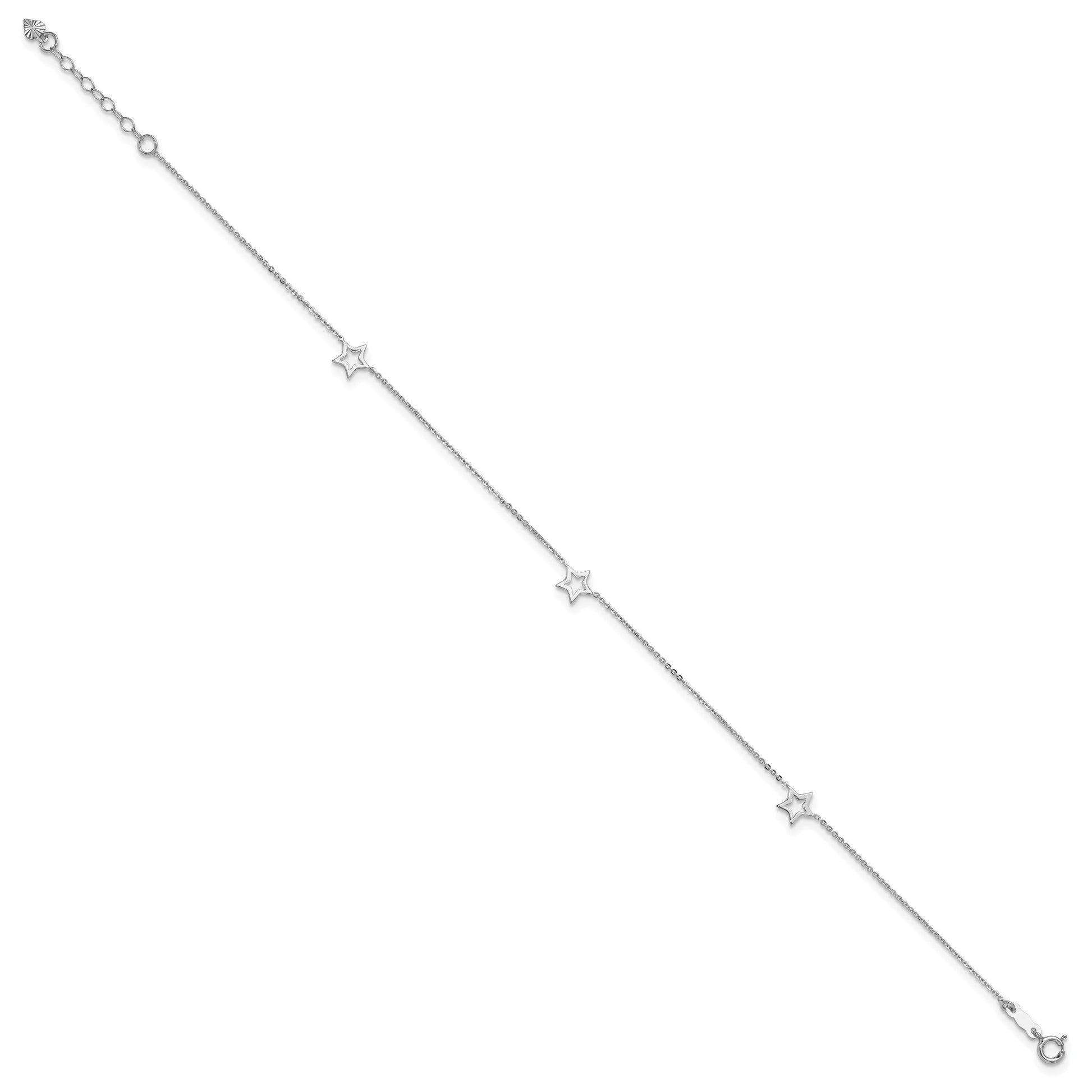 14K White Gold Open Star 3-Station 9 inch Plus 1 inch Extender - Total 10 inch Anklet