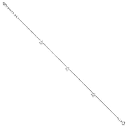 14K White Gold Open Star 3-Station 9 inch Plus 1 inch Extender - Total 10 inch Anklet
