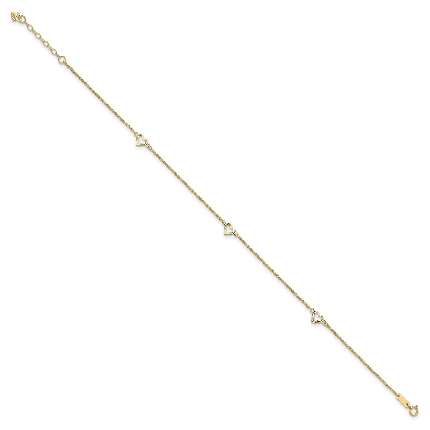 14k Diamond-cut Hearts 3-Station 9 inch Plus 1 inch Extender - Total 10 inch Anklet