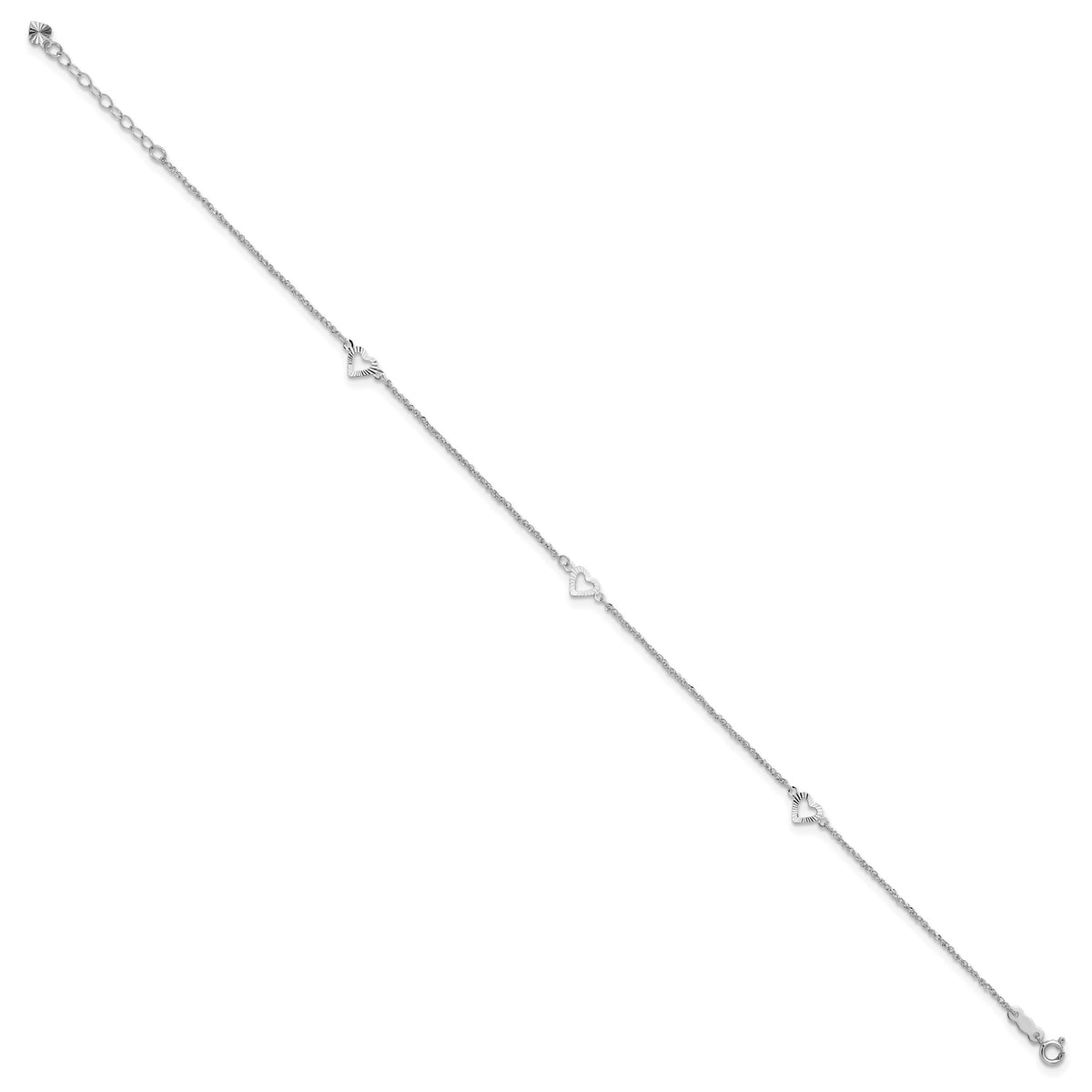 14k White Gold Diamond-cut Hearts 3-Station 9 inch Plus 1 inch Extender - Total 10 inch Anklet