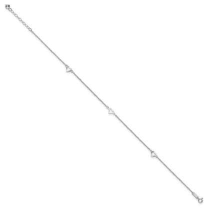 14k White Gold Diamond-cut Hearts 3-Station 9 inch Plus 1 inch Extender - Total 10 inch Anklet