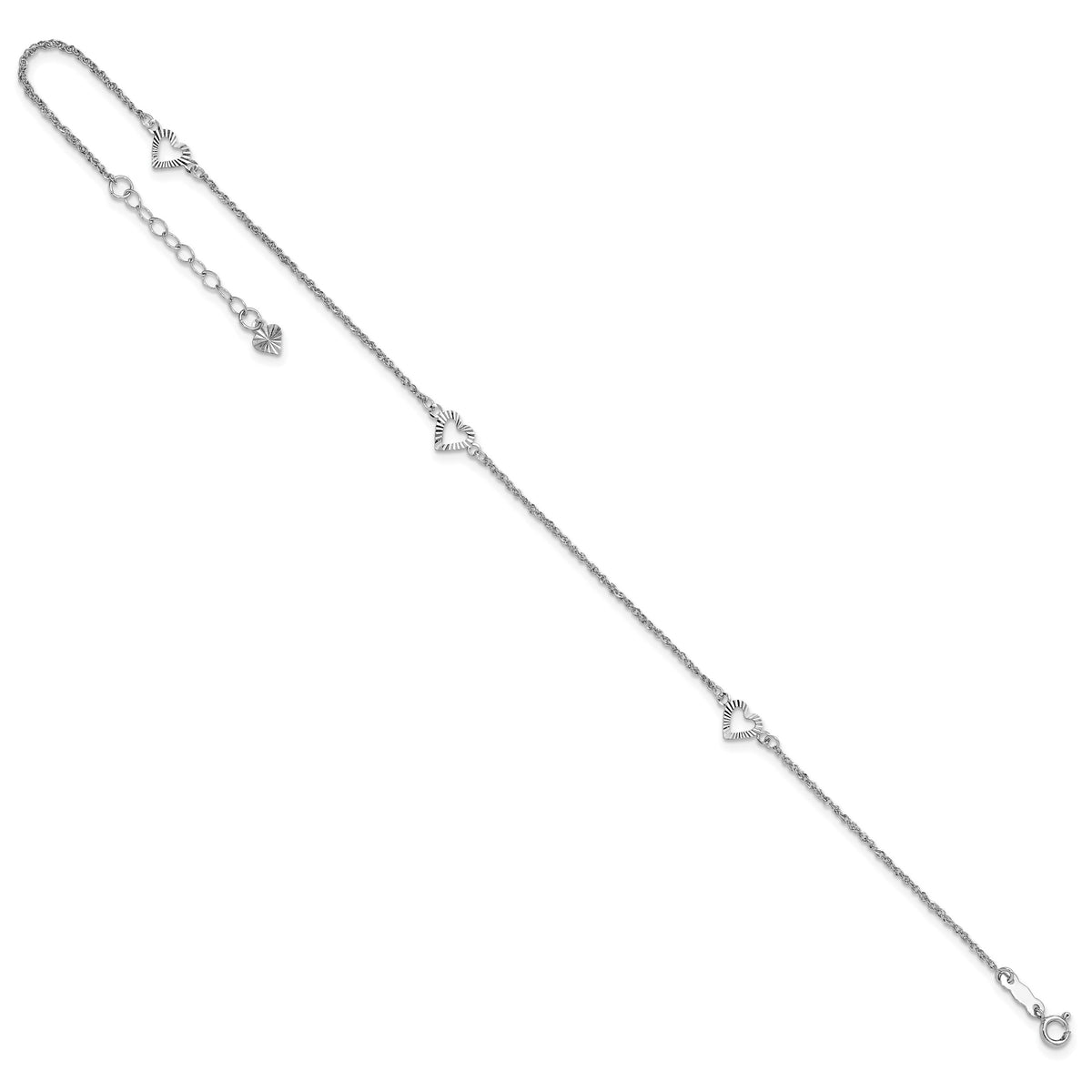14k White Gold Diamond-cut Hearts 3-Station 9 inch Plus 1 inch Extender - Total 10 inch Anklet