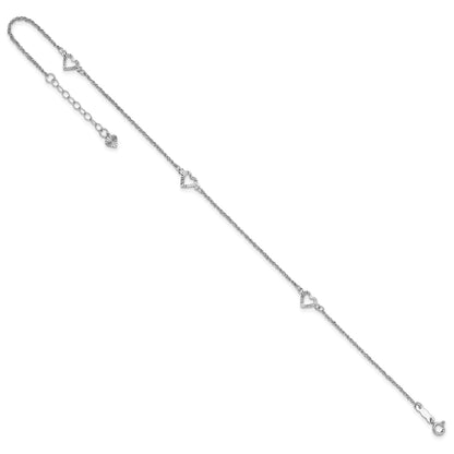 14k White Gold Diamond-cut Hearts 3-Station 9 inch Plus 1 inch Extender - Total 10 inch Anklet