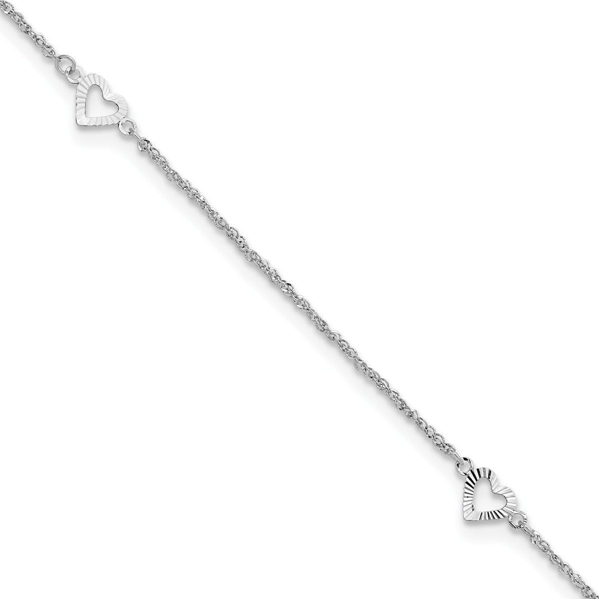 14k White Gold Diamond-cut Hearts 3-Station 9 inch Plus 1 inch Extender - Total 10 inch Anklet