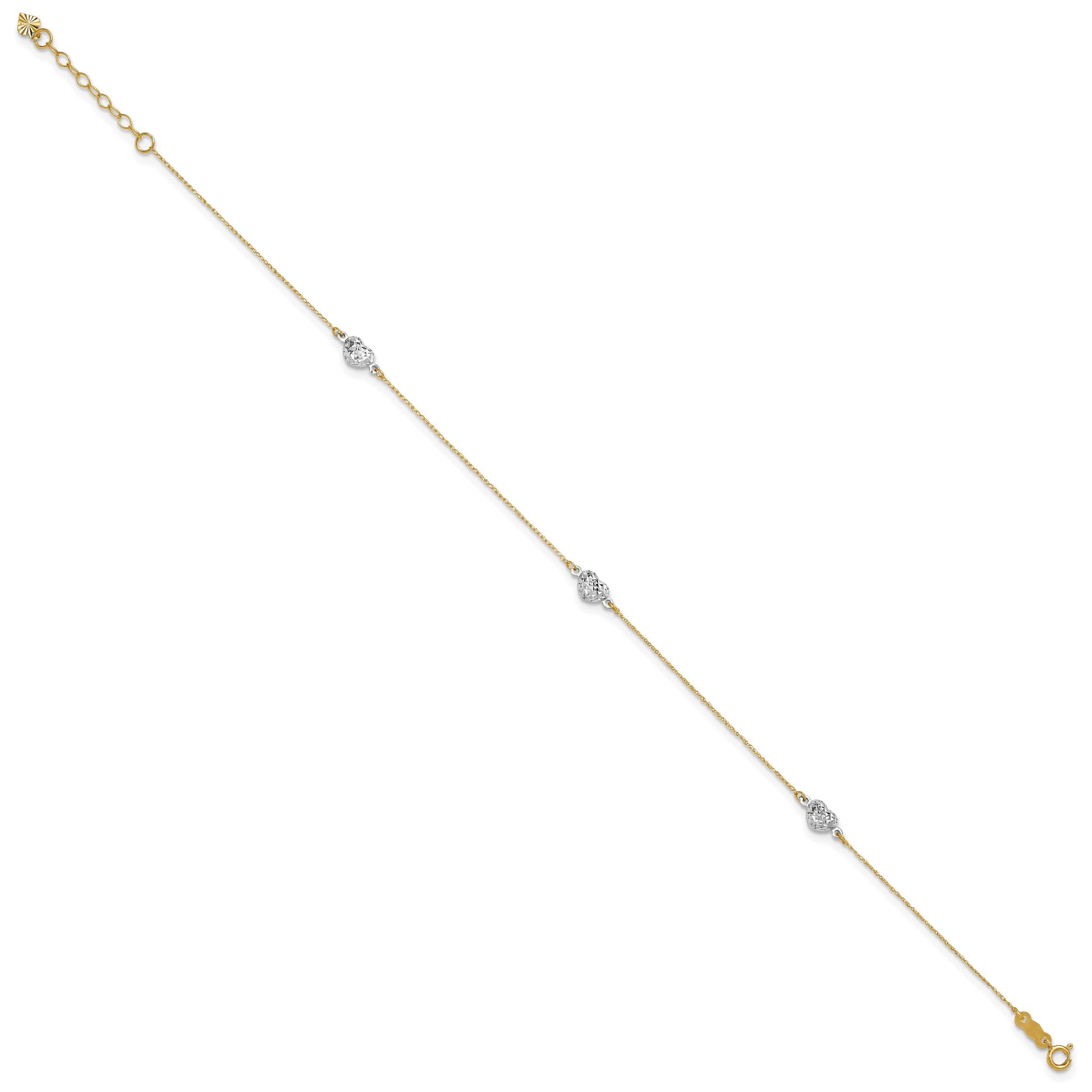 14k Two-tone Diamond-cut Triple Puffed Hearts 9 inch Plus 1 inch Extender - Total 10 inch Anklet