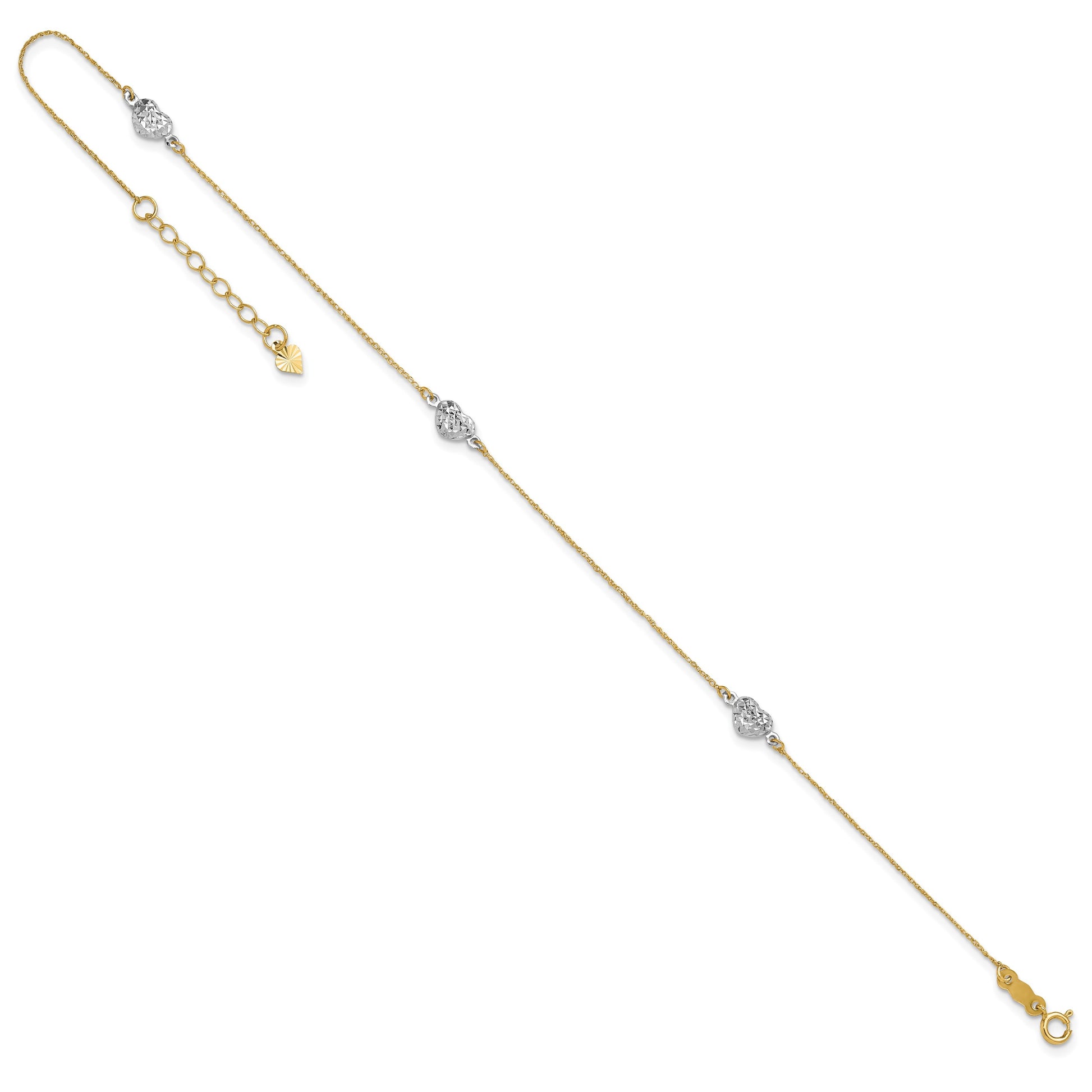 14k Two-tone Diamond-cut Triple Puffed Hearts 10 inch Plus 1 inch Extender - Total 11 inch Anklet