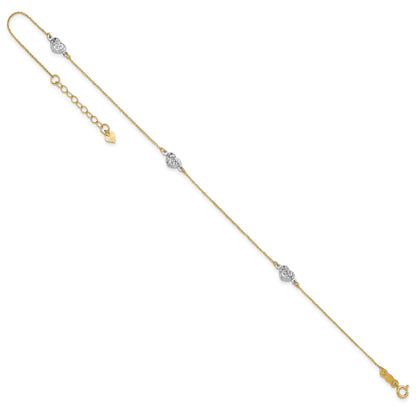 14k Two-tone Diamond-cut Triple Puffed Hearts 10 inch Plus 1 inch Extender - Total 11 inch Anklet