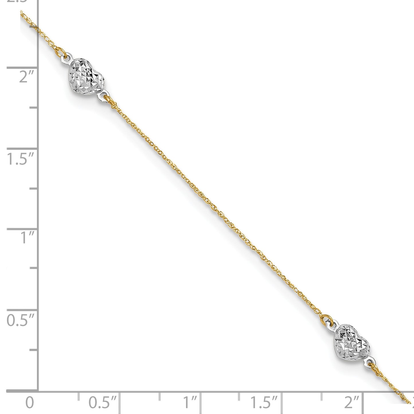 14k Two-tone Diamond-cut Triple Puffed Hearts 10 inch Plus 1 inch Extender - Total 11 inch Anklet