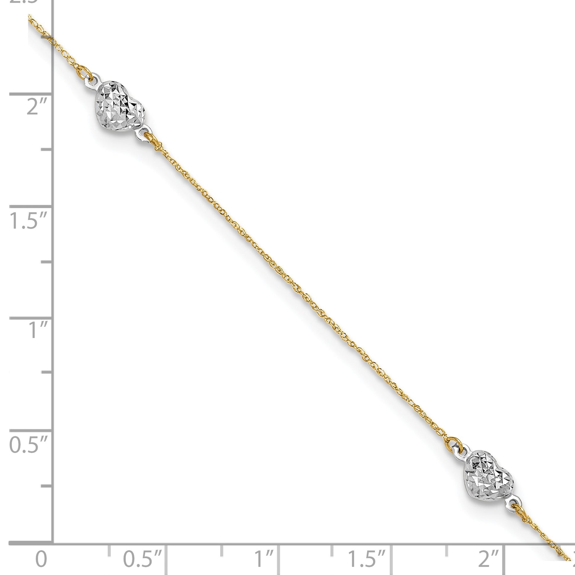 14k Two-tone Diamond-cut Triple Puffed Hearts 10 inch Plus 1 inch Extender - Total 11 inch Anklet