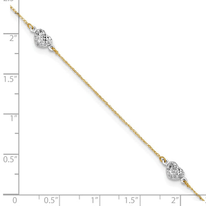 14k Two-tone Diamond-cut Triple Puffed Hearts 9 inch Plus 1 inch Extender - Total 10 inch Anklet